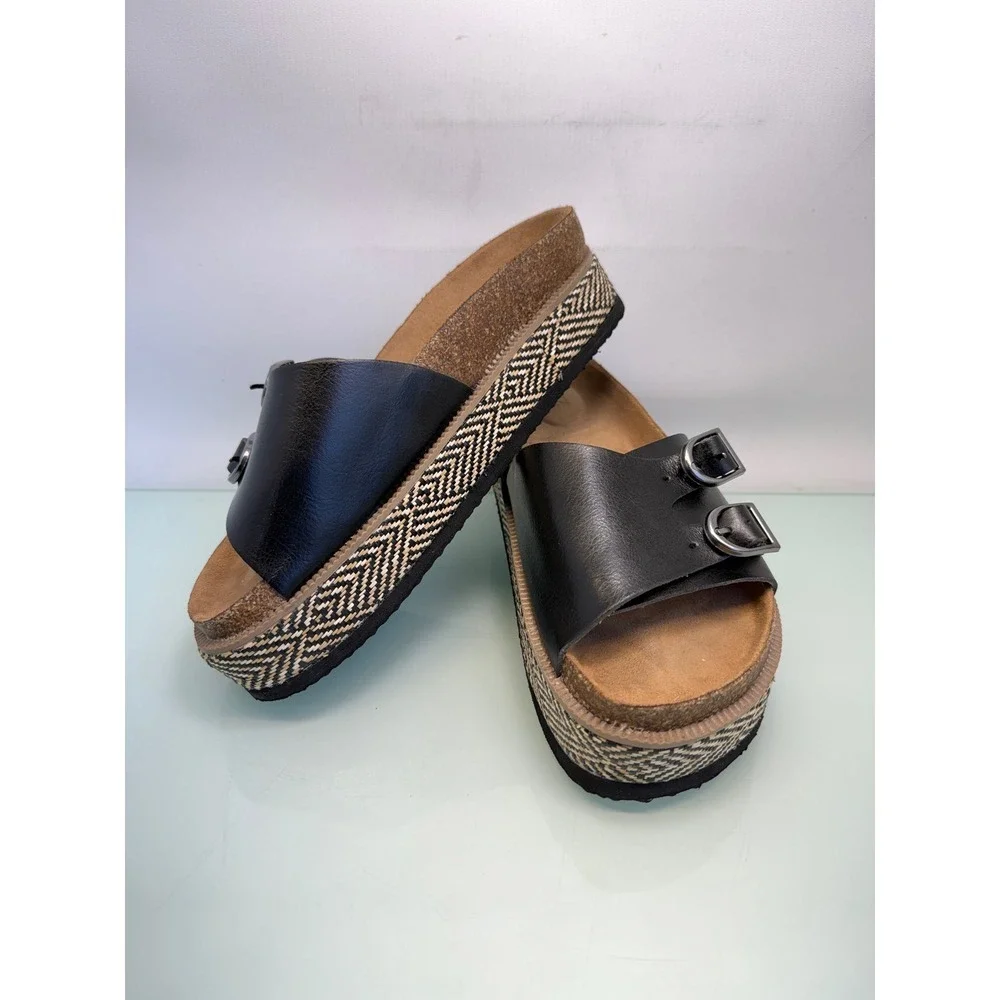 NOBO Women Size 7 Platform Slide Sandals Double Buckle Black Boho Flatform